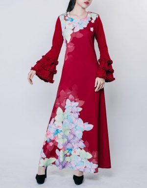 Floral Frills Sleeves Crepe Dress